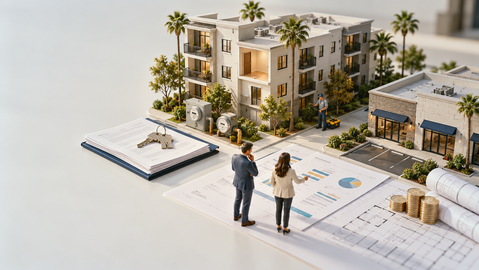 Miniature multifamily and commercial properties with a property owner and manager reviewing financial plans, utilities, maintenance, and reserves for a 2027 budget.